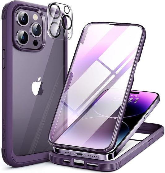 Miracase Glass Series for iPhone 14 Pro Case 6.1 Inch, Full-Body Protective Anti Slippery Case with Built-in 9H Tempered Glass Screen Protector, with Camera Lens Protector (Purple)