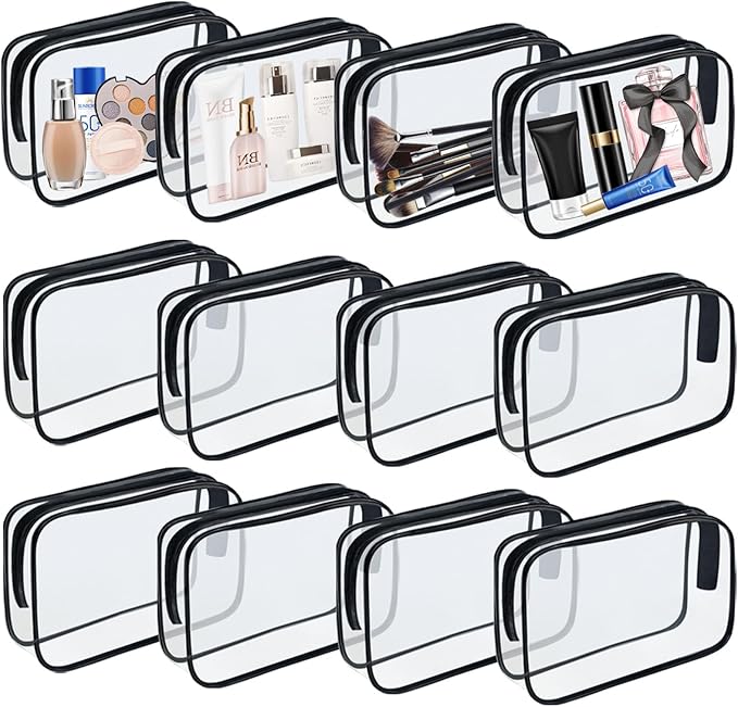 12 Pieces Clear Makeup Bags, TSA Approved Toiletry Bag for Travel, PVC Clear Cosmetic Pouch with Zipper, Waterproof Vinyl Plastic Organizer Case for Vacation Bathroom (Medium)