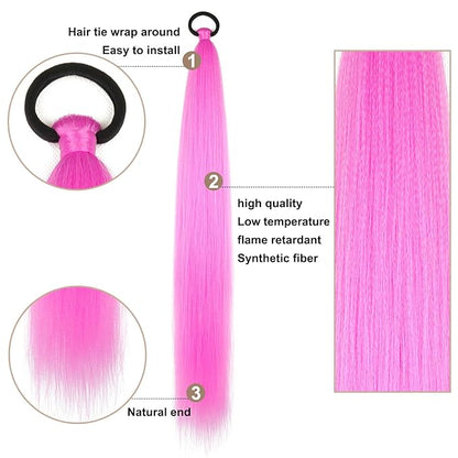2 Pack Pink Braid Ponytail Extension with Elastic Tie Straight Sleek Wrap Around Braid Ponytail 26 Inch (Rose Pink#)