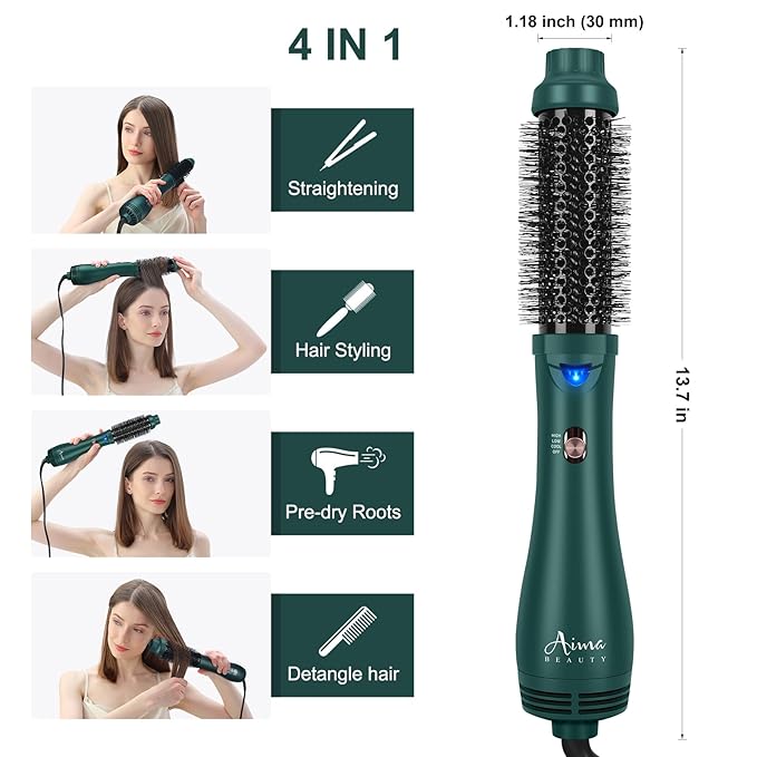 Aima Beauty Hair Dryer Brush, One Step Hair Dryer & Volumizing Hot Air Brush, 3 Heat/Speed Settings, Advanced Ionic Technology, Ceramic Coating, Nylon Pins & Tufted Bristles, Dark Green, 1000W, 125V