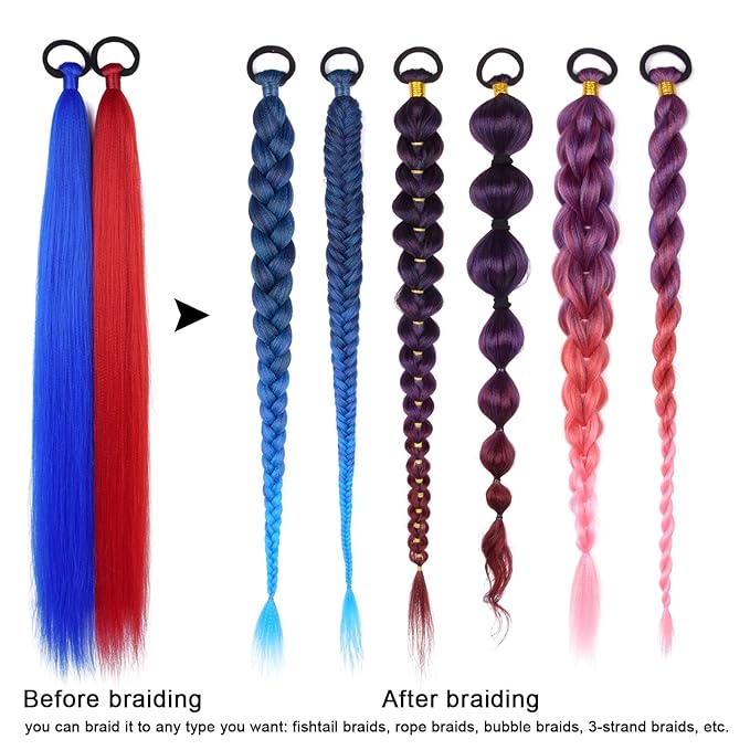 2 Pack Braid Ponytail Extension with Elastic Tie Straight Sleek Wrap Around Braid in Extensions Red Blue Contrast 26 Inch Hair Braid Extensions Ponytail for Girls(Red/Blue#)
