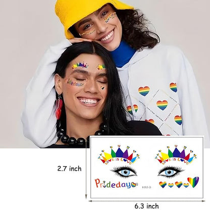 10 Sheets Pride Day Face Fake Tattoos Rainbow Temporary Tattoos Adult Rainbow Heart Butterfly Flower Feather Swan Colorful Tattoo Kit Gay LGBTQ Pride Day Parade Party Eye Makeup Face Decor Supplies