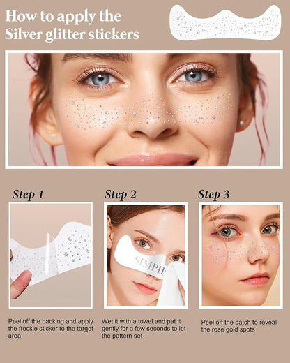 Glitter Freckles, Face Makeup Patches for Kids Women Girls, Silver Rave Glitter for Face, Singer Concerts Festival Holiday Rave Accessories - 8 Counts