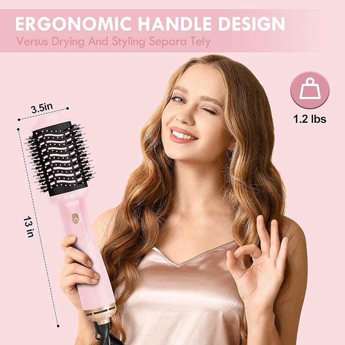 Hair Dryer Brush Blow Dryer Brush in One, 4 in 1 Hair Dryer and Styler Volumizer with Oval Barrel, Professional Salon Hot Air Brush for All Hair Types, Bright Pink