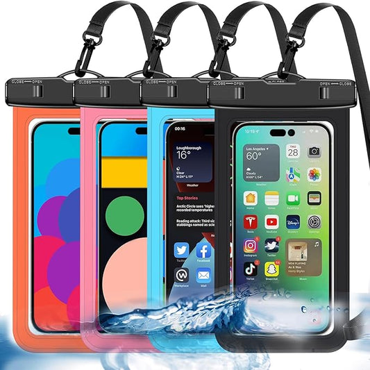 4 Pack Multicolor Universal Waterproof Phone Pouch, Large Phone Waterproof Case Dry Bag (Protection Level: IP68) Outdoor Sports for Apple iPhone,Samsung,and up to 7.5" (Black,Blue,Pink,Orange)