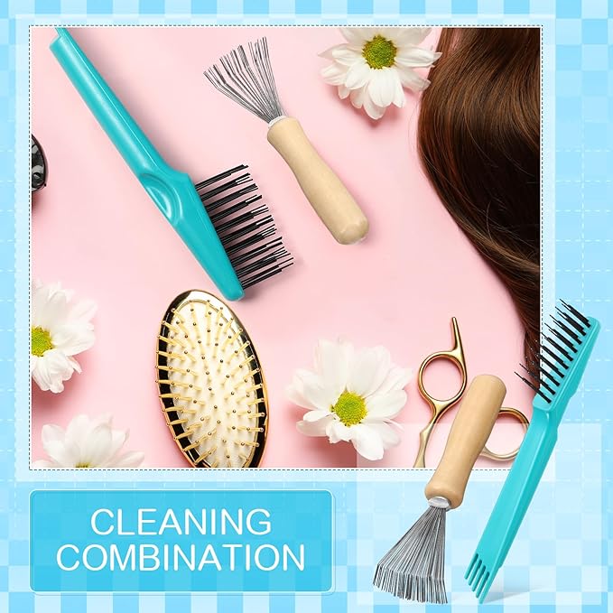 Boao 2 Pieces Hair Brush Cleaning Tool Comb Cleaner Brush Mini Comb Cleaning Hair Remover Tool for Removing Dust Home and Salon Use(Green, Wood Color)