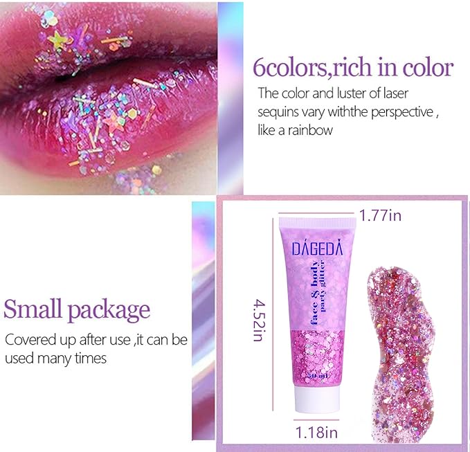 DAGEDA Body Glitter Gel, Face Glitters Body Gel Sequins Shimmer Liquid Eyeshadow, Chunky Glitter for Face Hair Nails, Holographic Cosmetic Laser Powder Festival Glitter Makeup 50ml(Fuchsia)