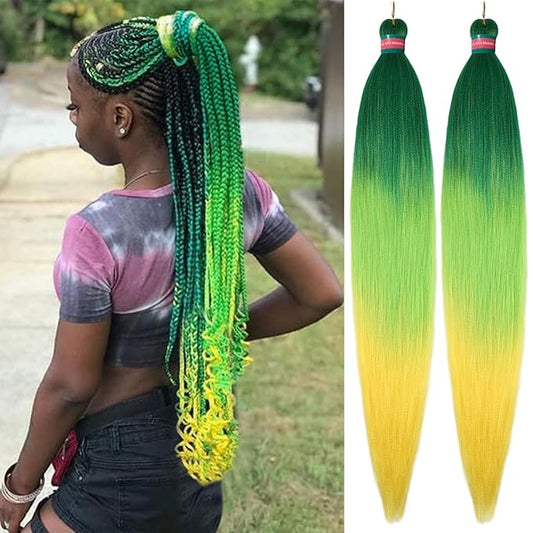 Ombre Green Yellow Pre stretched Braiding Hair 2 Packs Pre feathered Braid Hair Extensions 30 Inches Hair Braids