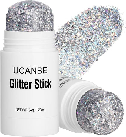 UCANBE Silver Body Glitter Stick for Singer Concerts Music Festivals, Face Glitter Makeup for Face Body Hair Eyes & Lips, Chunky Glitter Sparkling Mermaid Sequins for Women 1.2OZ