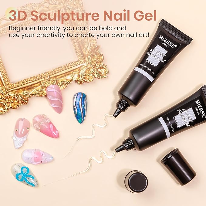 MIZHSE 3D Nail Gel, 2 Pcs Clear 3D Nail Art Sculpting Gel for Nail Art, No Wipe Molding for Nails Decoration Manicure Charms DIY at Home Manicure
