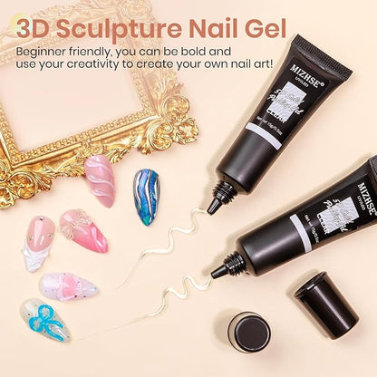 MIZHSE 3D Nail Gel, 2 Pcs Clear 3D Nail Art Sculpting Gel for Nail Art, No Wipe Molding for Nails Decoration Manicure Charms DIY at Home Manicure