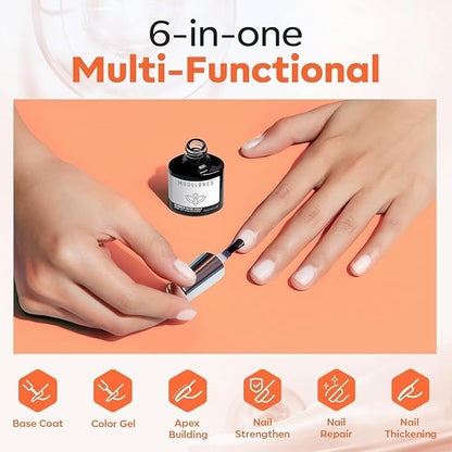 modelones Milky White Rubber Gel Base Coat, 6 in One Builder for Strengthen Apex Building Extension Long Lasting Protect Color Based Gel Polish Manicure for Fragile Nails Art Home Salon