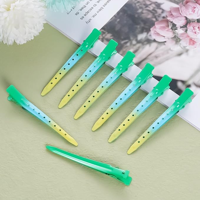 24 Packs Duck Bill Clips, Bantoye 3.35 Inches Rustproof Metal Alligator Curl Clips with Holes for Hair Styling, Hair Coloring, Gradient Green