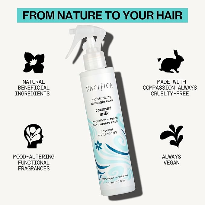 Pacifica Coconut Milk Hair Detangler Spray – Leave-In Conditioning Elixir for Tangle-Free Hair – Instantly Detangles Knots, Adds Shine & Moisture, Prevents Breakage & Frizz – Vegan & Cruelty-Free