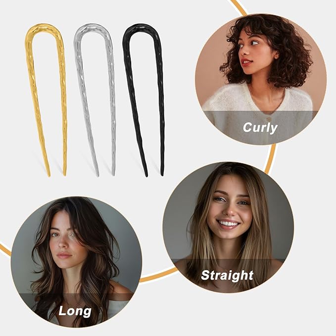 3PCS Textured Metal French Hair Pins, U Shaped Updo French Pin Hair Fork for Women and Girls, French Twist Hair Pin for Buns, French Pins Hair Accessories