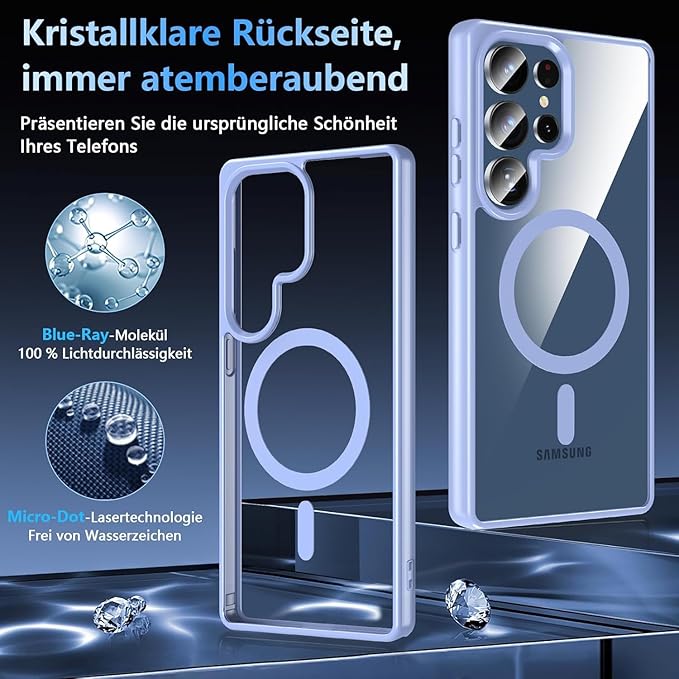 OWKEY Galaxy S25 Ultra Case 6.86'',Magnetic S25 Ultra Case for Magsafe with Tempered Glass Screen, [Shockproof Military] Transparent Back Slim Bumper Cover Phone Case Galaxy S25 Ultra, Light Blue