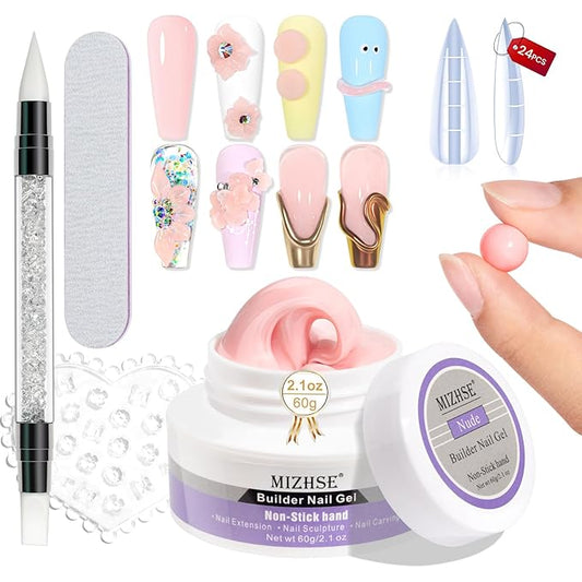 MIZHSE Solid Nail Builder Gel, 2.1 oz 60g Nude Builder Gel for Nails Non-Sticky Solid Builder Gel for Nail Extensions Hard Gel with 24pcs Nail Forms and Silicone Pen Nail Art Manicure Set