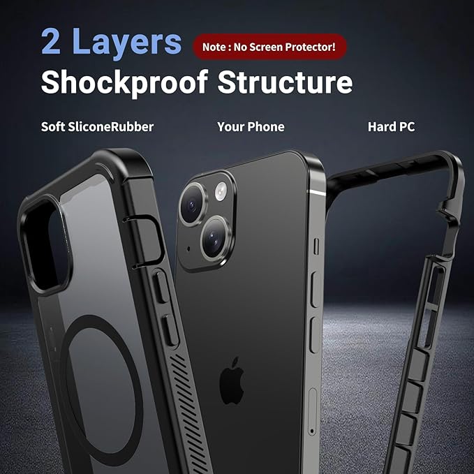 for iPhone 15 case, [Compatible with MagSafe][Military Grade Drop Protection][Heavy Duty Protection][Non-Slip][Shockproof] with 2-Layer Durable Bumper Phone Case 6.1''-Black