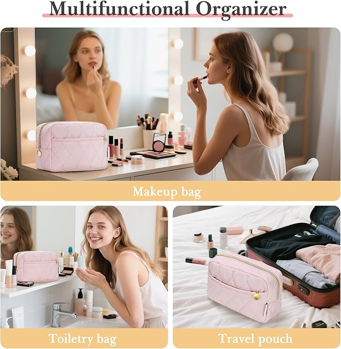Noozion Makeup Bag, Travel Cosmetic Bag, Puffy Padded Make Up Bag for Women, Makeup Organizer Case, Wide-open Pouch Purse, Travel Essentials