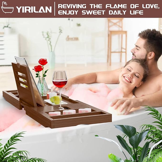 Yirilan Bathtub Caddy Tray, Foldable Bathroom Tray with Extending Side, and Waterproof Fabric Bookshelf, Luxury Bath Tray -Brown
