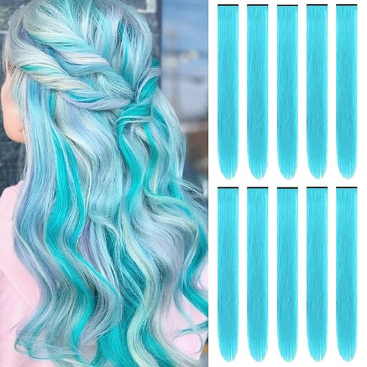 22 inch Colored Hair Extensions, Multi-colors Party Highlights Clip in Synthetic Hair Extensions, Color Party Highlights Hairpieces for Girls Women(10 PCS Sky Blue)