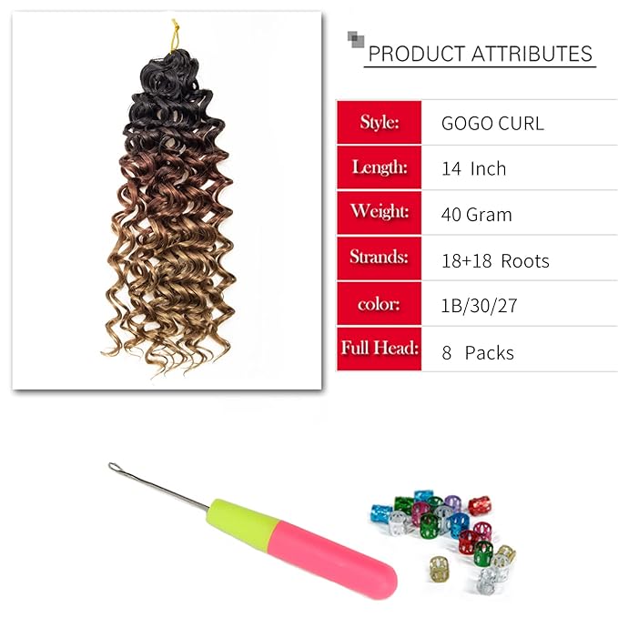8 Packs Curly Crochet Hair GoGo Curl Crochet hair for Women Deep Wave Braiding hair,Synthetic Bohemian Crochet Braid Water Wave Crochet hair Extensions(1B/30/27, 14inch)