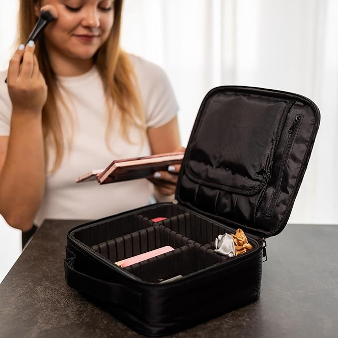 (Not Made In China) 2 Pack, Makeup Train Case, Cosmetic Bag, Portable Beauty Organizer and Storage Box With Adjustable Dividers For Make Up and Brushes (Black, Small)