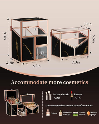 Makeup Organizer Countertop Glass – Vanity Holder with 18-Slot Lipstick Organizer & Covered Makeup Brush Holder – Skincare, Perfume & Cosmetic Display for Bathroom or Dresser