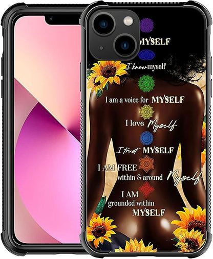 iPhone 13 Pro Max Case, Sunflower Back View Black Girl Cases, Tempered Glass Back+Soft Silicone TPU Shock Protective Case for Apple Max(6.7 inch)