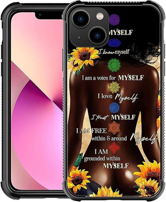 iPhone 13 Pro Max Case, Sunflower Back View Black Girl Cases, Tempered Glass Back+Soft Silicone TPU Shock Protective Case for Apple Max(6.7 inch)