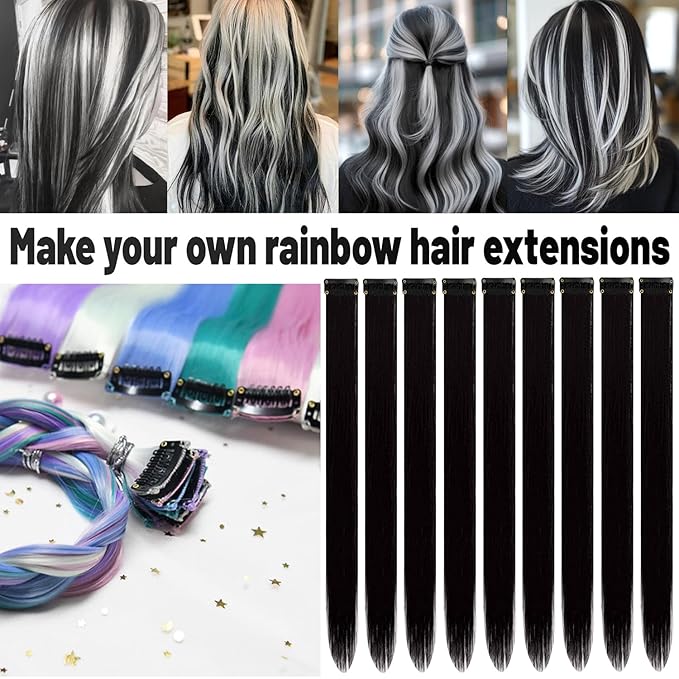 22 inch Colored Hair Extensions, Multi-colors Party Highlights Clip in Synthetic Hair Extensions, Color Party Highlights Hairpieces for Girls Women(10 PCS Black)