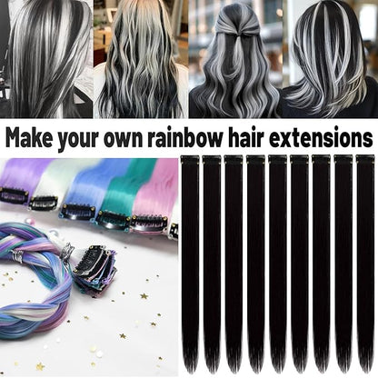 22 inch Colored Hair Extensions, Multi-colors Party Highlights Clip in Synthetic Hair Extensions, Color Party Highlights Hairpieces for Girls Women(10 PCS Black)
