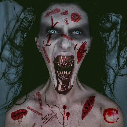 60+PCS 10 Sheets Fake Scars Temporary Tattoos, Horror Realistic Scary Blood Zombie Face Stickers, Halloween Simulation Wounds Stitches Body Makeup, Chucky Cosume Prank Cosplay Kids Men Women Adults A
