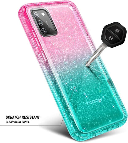 NZND Case for Samsung Galaxy A03S with [Built-in Screen Protector], Full-Body Protective Shockproof Rugged Bumper Cover, Impact Resist Phone Case (Glitter Pink/Aqua)