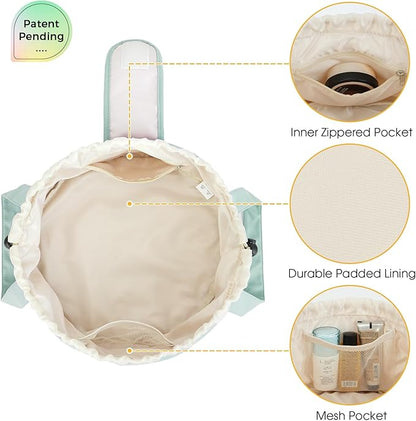 Narwey Barrel Drawstring Makeup Bag Large Floral Cosmetic Bag Make up Bags Toiletry Bag Travel Bags for Toiletries Organizer for Women Gift for Teen Girls (Mint Green) (Patent)