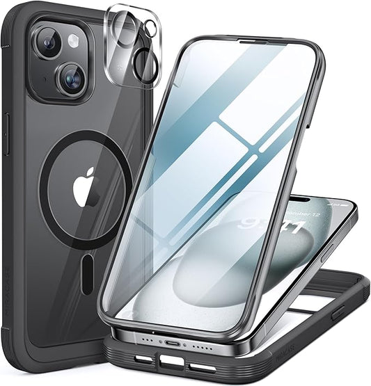Miracase Magnetic for iPhone 15 Plus Case 6.7'' [Compatible with Magsafe] Full-Body Military Drop Proof 15 Plus Phone Case Cover with Built-in 9H Tempered Glass Screen Protector,Magnetic Black