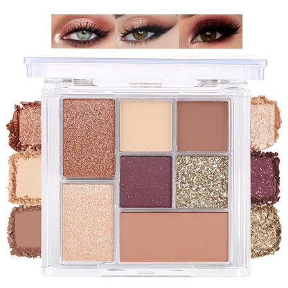 Seven Color Matte Shimmer Eyeshadow Makeup Palette, Nude Brown & Purple 7 Color Series Silky Pressed Powder Eyeshadow, Daily Makeup Eye shadow Box, Easy to Carry, Vegan & Cruelty-Free, 0.25 Oz, 04#