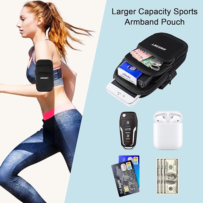 3 Pockets Running Phone Armband Holder for iPhone 16 15 14 Pro Max 13 Plus 12 11 XS XR X 8 7 Galaxy S23 Pouch Key Card Bag, Water Resistant Cell Phone Sport Arm Bands for Exercise Walking Workout Gym