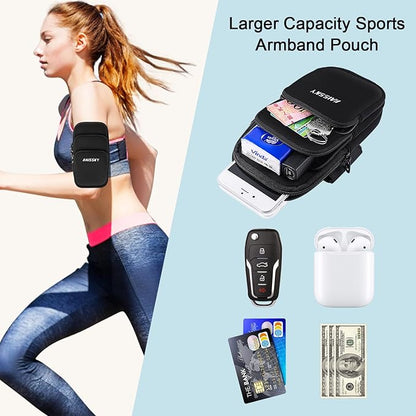 3 Pockets Running Phone Armband Holder for iPhone 16 15 14 Pro Max 13 Plus 12 11 XS XR X 8 7 Galaxy S23 Pouch Key Card Bag, Water Resistant Cell Phone Sport Arm Bands for Exercise Walking Workout Gym