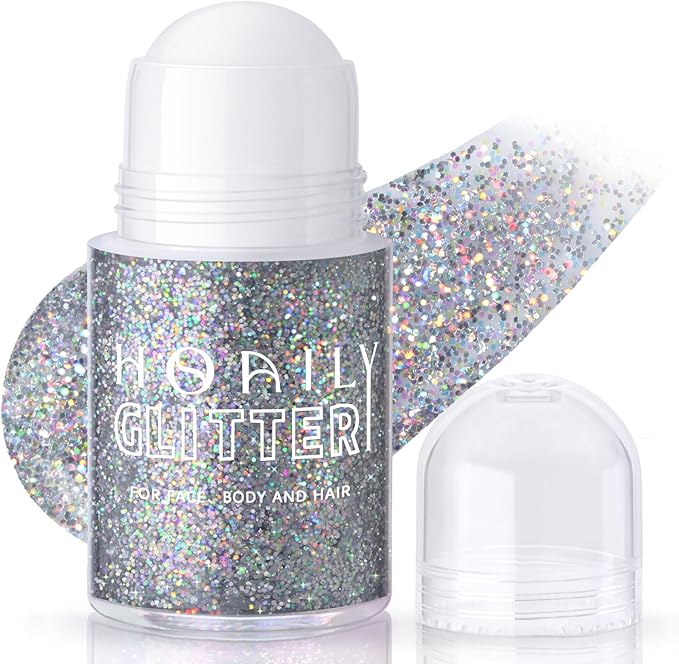 Roll-on Holographic Body Glitter Gel for Face Hair, Chameleon Color Changing Glitter Gel Under Light, Chunky Mermaid Sequins Festival Party Rave Accessories Shimmer Makeup (17# Silver)