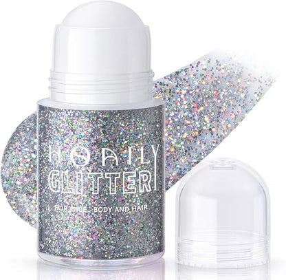 Roll-on Holographic Body Glitter Gel for Face Hair, Chameleon Color Changing Glitter Gel Under Light, Chunky Mermaid Sequins Festival Party Rave Accessories Shimmer Makeup (17# Silver)