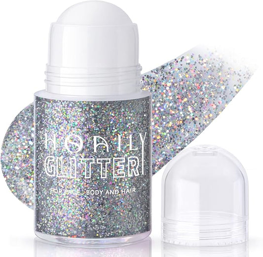 Roll-on Holographic Body Glitter Gel for Face Hair, Chameleon Color Changing Glitter Gel Under Light, Chunky Mermaid Sequins Festival Party Rave Accessories Shimmer Makeup (17# Silver)