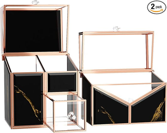Makeup Organizer Countertop Glass – Vanity Holder with 18-Slot Lipstick Organizer & Covered Makeup Brush Holder – Skincare, Perfume & Cosmetic Display for Bathroom or Dresser