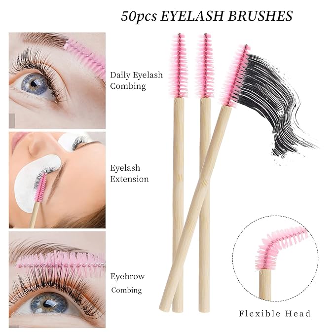 300 pcs Eyelash Extension Supply Kits 200pcs Disposable Double pointed head Wooden Micro Swab Brush 50pcs Eyebrow Spoolie 50pcs Lip Brush Mascara Wand Applicator Eyelashes Tool (Bamboo pink kits)
