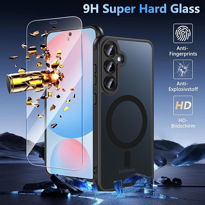 OWKEY for Samsung Galaxy S24 FE Case 6.7'', Magnetic Galaxy S24 FE Case for Magsafe with Tempered Screen Protector [Shockproof Military] Translucent Matte Bumper Phone Cover Samsung S24 FE 5G, Black