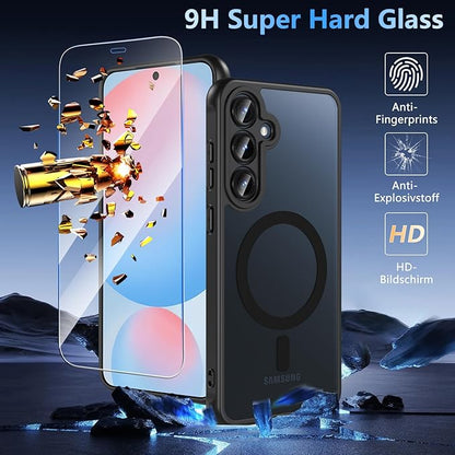 OWKEY for Samsung Galaxy S24 FE Case 6.7'', Magnetic Galaxy S24 FE Case for Magsafe with Tempered Screen Protector [Shockproof Military] Translucent Matte Bumper Phone Cover Samsung S24 FE 5G, Black