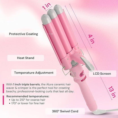 Alure Three Barrel Curling Iron Wand Hair Waver with LCD Temperature Display - 1 Inch Ceramic Tourmaline Triple Barrels, Dual Voltage Crimp (White/Pink)