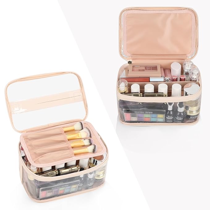 OCHEAL Makeup Bag, Clear Makeup Organizer Bag Portable Cosmetic Bag, Cute Transparent Case For Women and Girls traveling Storage with zipper Divider Brush Compartment-Clear Beige white