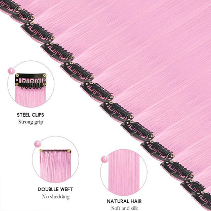 Ozzwolle 12 PCS Pink Hair Extensions Clip in, Party Highlights Clip in Hair Extensions 22 Inch Long Straight Hairpieces for Girls Kids Women Favor Gifts (Pink)