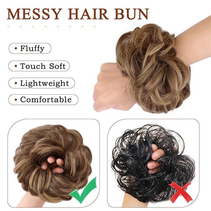 MORICA 1PCS Messy Hair Bun Hair Scrunchies Extension Curly Wavy Messy Bun Synthetic Chignon Hairpieces for Women (Strawberry Blonde & Light Ash Brown)